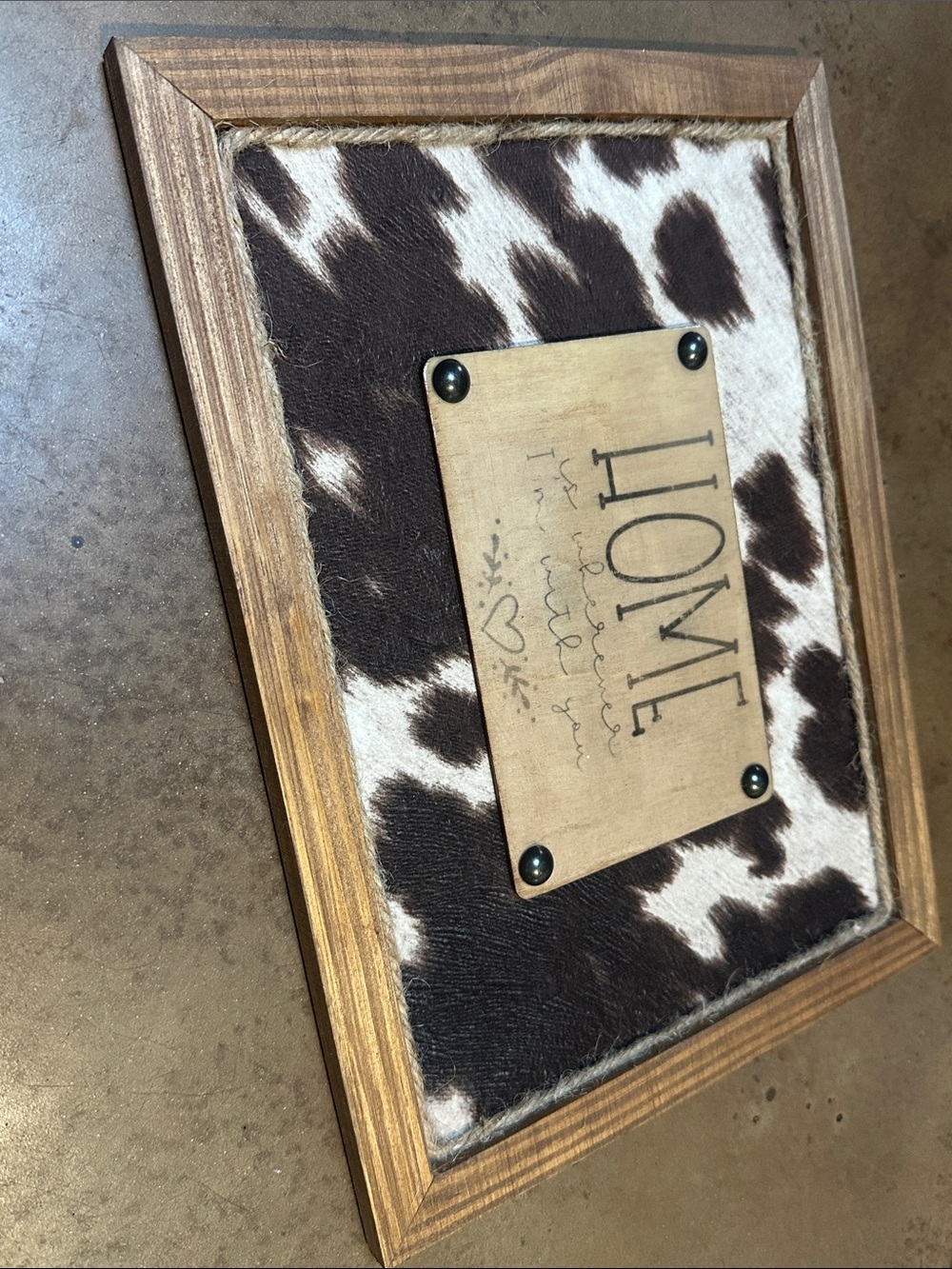 Hand Made Rustic Cowhide HOME Wall Plaque - Brown and White